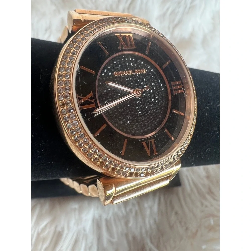 Michael Kors Watch Rose Gold  Black Sparkle Dial Crystal‎ Bezel Needs Battery
